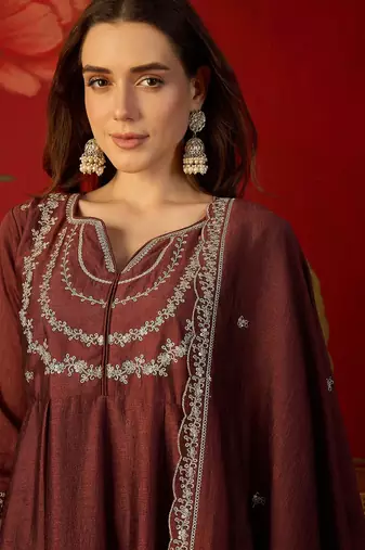 Maroon vichitra silk embroidered anarkali kurta set