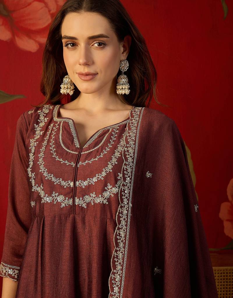 Maroon vichitra silk embroidered anarkali kurta set