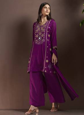 Purple embroidered with mirror work silk blend straight & palazzo 3