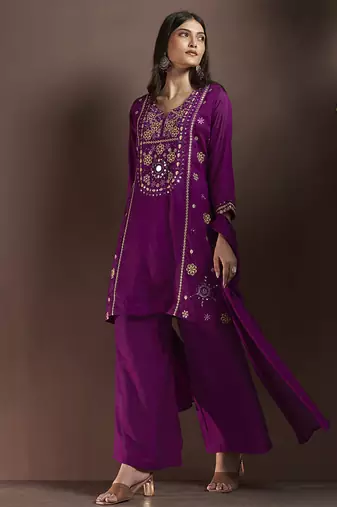 Purple embroidered with mirror work silk blend straight & palazzo