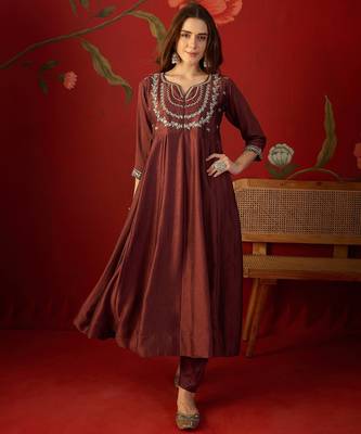 Maroon vichitra silk embroidered anarkali kurta set 5