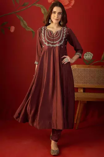Maroon vichitra silk embroidered anarkali kurta set