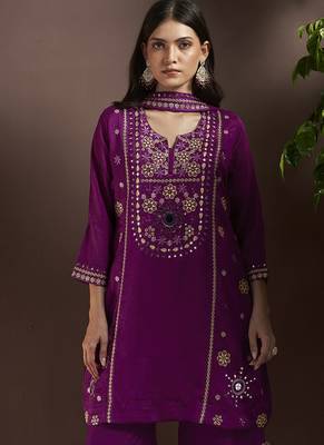 Purple embroidered with mirror work silk blend straight & palazzo 4