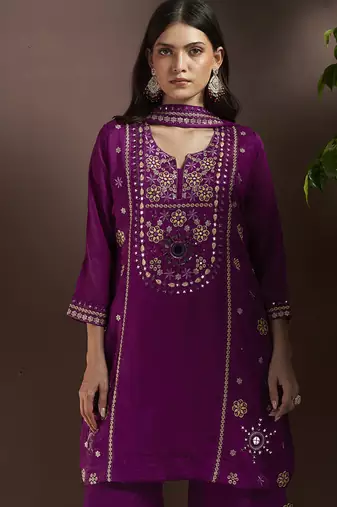 Purple embroidered with mirror work silk blend straight & palazzo