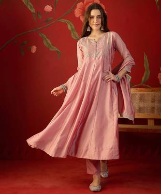 Pink vichitra silk embroidered anarkali kurta set 2