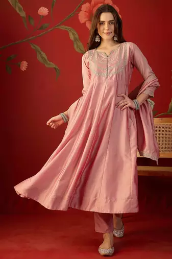 Pink vichitra silk embroidered anarkali kurta set