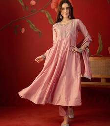 Pink vichitra silk embroidered anarkali kurta set