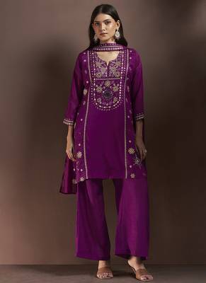 Purple embroidered with mirror work silk blend straight & palazzo 5