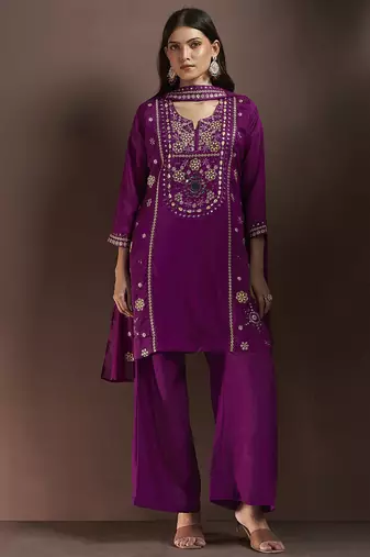 Purple embroidered with mirror work silk blend straight & palazzo