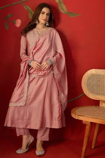 Pink vichitra silk embroidered anarkali kurta set