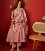Pink vichitra silk embroidered anarkali kurta set