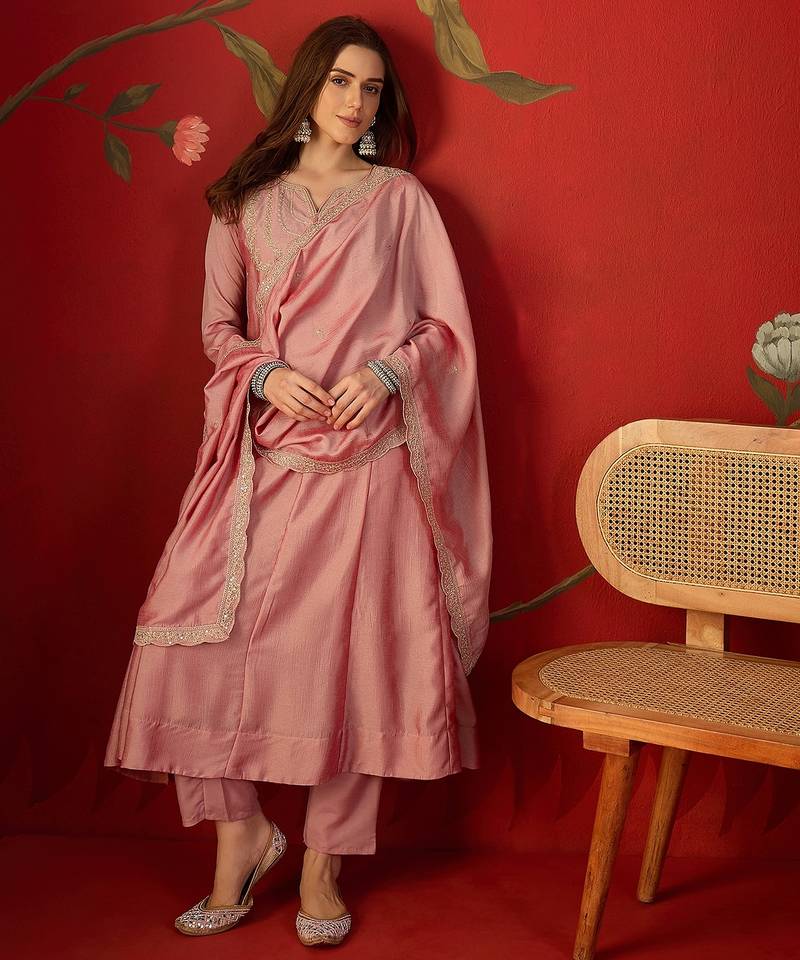 Pink vichitra silk embroidered anarkali kurta set