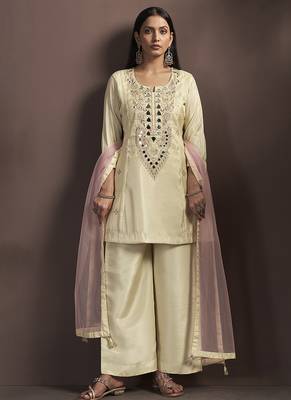 Cream embroidered silk blend straight & palazzo 1