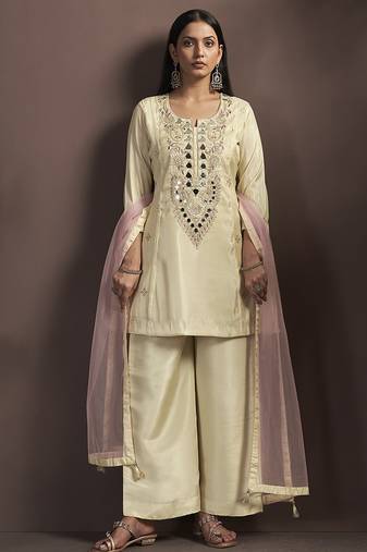 Cream embroidered silk blend straight & palazzo