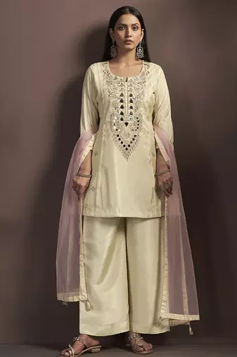 Cream embroidered silk blend straight & palazzo