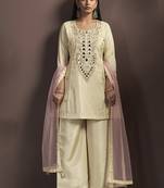 Cream embroidered silk blend straight & palazzo