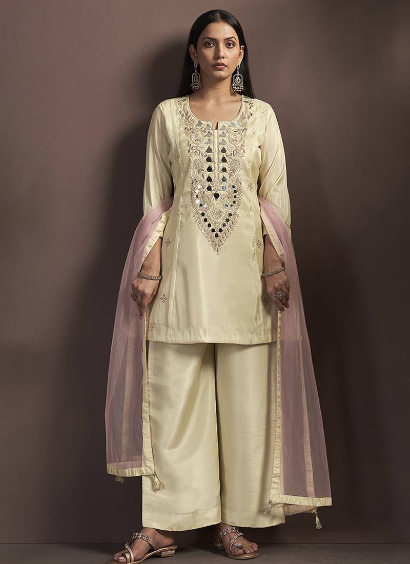 Cream embroidered silk blend straight & palazzo