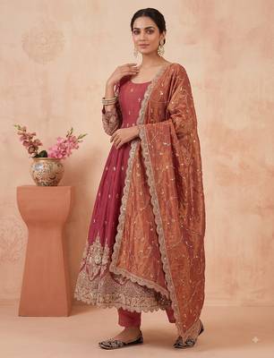 Peach colour embroidered georgette anarkali suit set with dupatta & pant 2