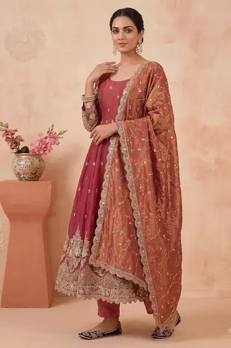 Peach colour embroidered georgette anarkali suit set with dupatta & pant