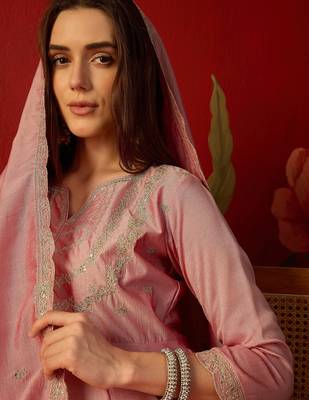 Pink vichitra silk embroidered anarkali kurta set 3