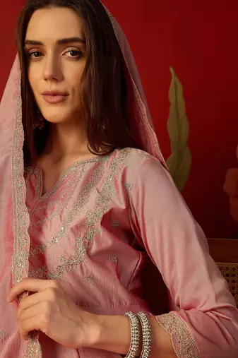 Pink vichitra silk embroidered anarkali kurta set
