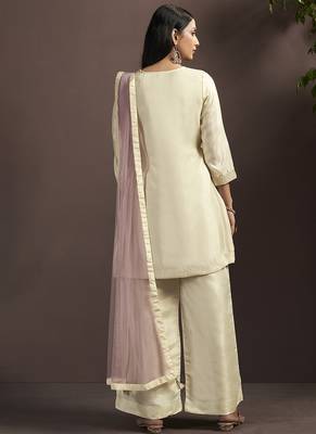 Cream embroidered silk blend straight & palazzo 2