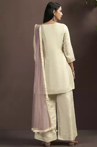 Cream embroidered silk blend straight & palazzo