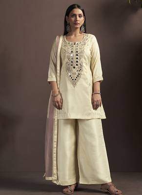 Cream embroidered silk blend straight & palazzo 3