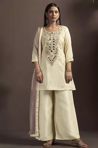 Cream embroidered silk blend straight & palazzo