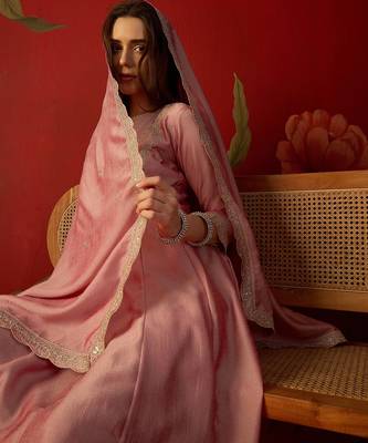Pink vichitra silk embroidered anarkali kurta set 4