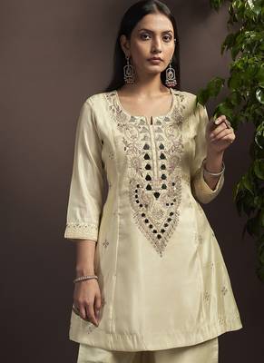 Cream embroidered silk blend straight & palazzo 4