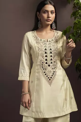 Cream embroidered silk blend straight & palazzo