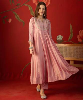 Pink vichitra silk embroidered anarkali kurta set 5