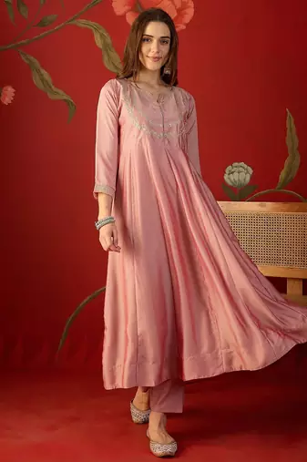 Pink vichitra silk embroidered anarkali kurta set