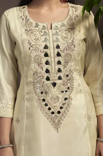 Cream embroidered silk blend straight & palazzo