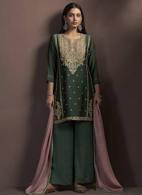 Green embroidered silk blend straight & palazzo 1