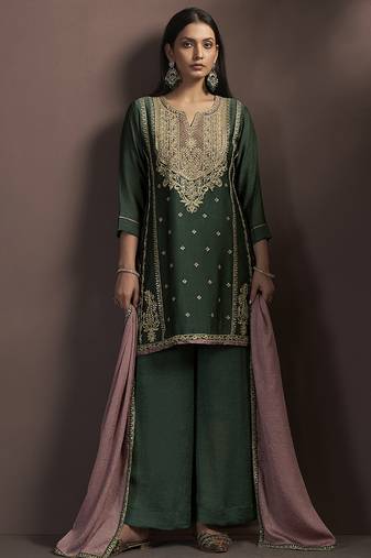 Green embroidered silk blend straight & palazzo