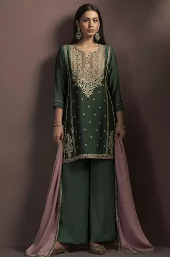 Green embroidered silk blend straight & palazzo