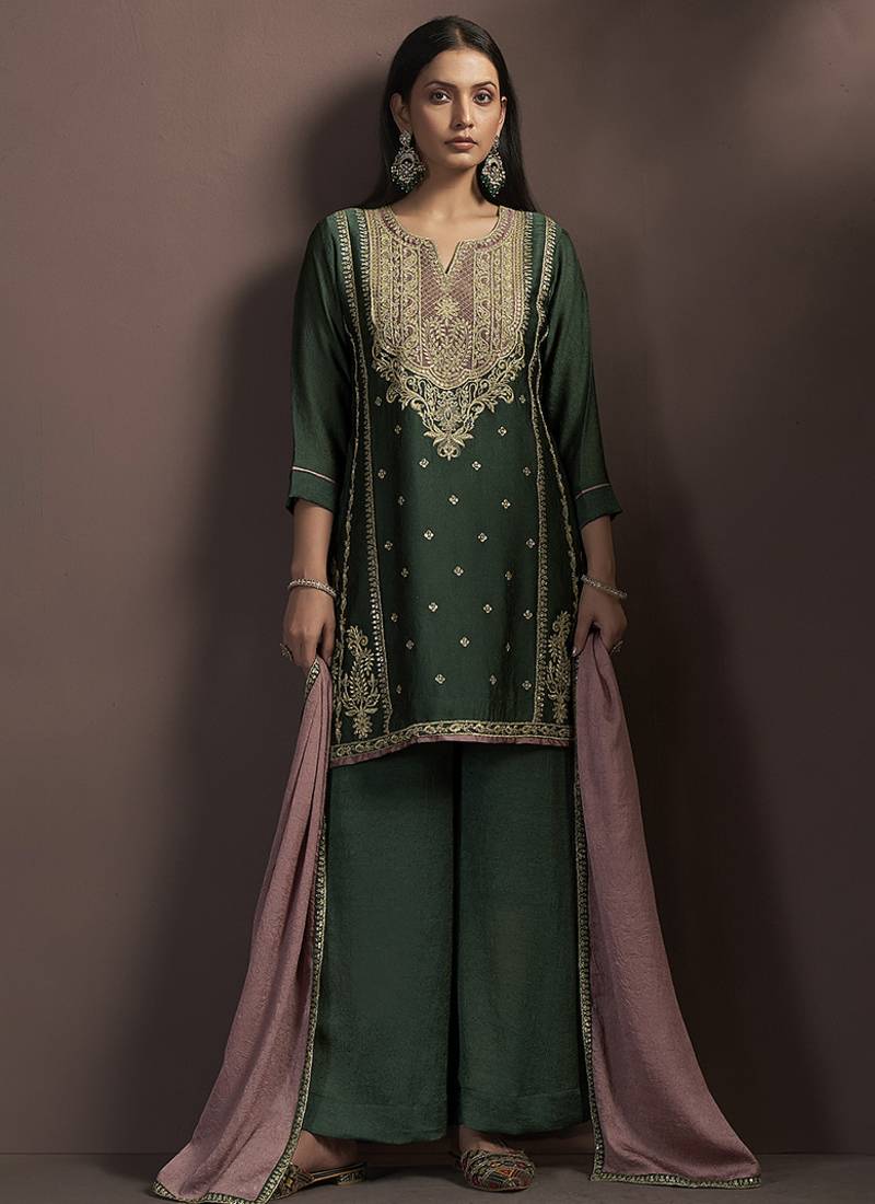 Green embroidered silk blend straight & palazzo