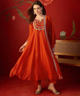 Orange vichitra silk embroidered anarkali kurta set. 1