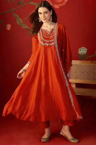 Orange vichitra silk embroidered anarkali kurta set.