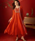 Orange vichitra silk embroidered anarkali kurta set.