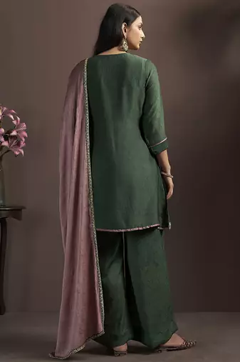 Green embroidered silk blend straight & palazzo