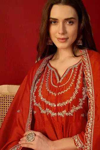 Orange vichitra silk embroidered anarkali kurta set.