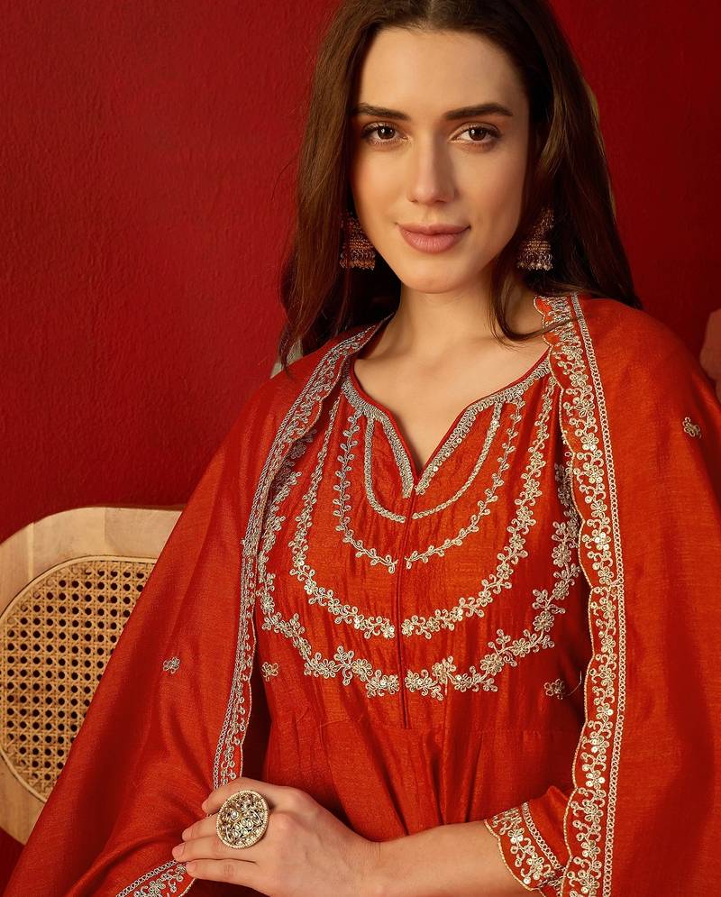 Orange vichitra silk embroidered anarkali kurta set.