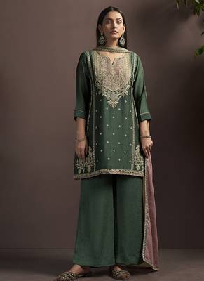 Green embroidered silk blend straight & palazzo 3