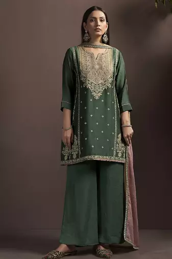 Green embroidered silk blend straight & palazzo