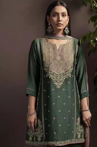 Green embroidered silk blend straight & palazzo