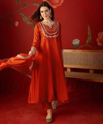 Orange vichitra silk embroidered anarkali kurta set. 3