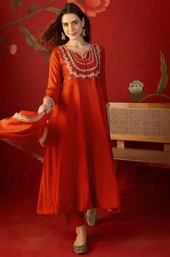 Orange vichitra silk embroidered anarkali kurta set.
